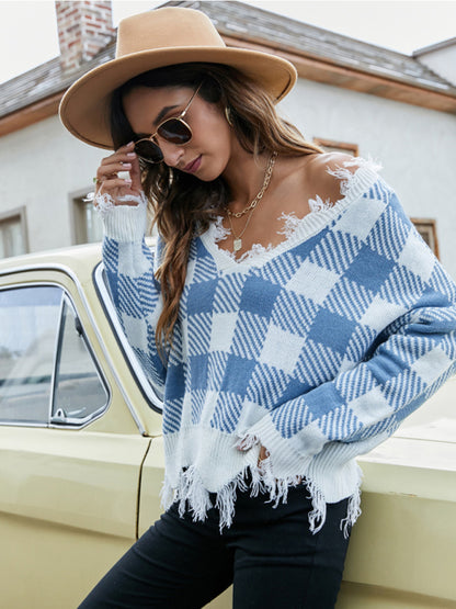 Distressed Checkered Sweater