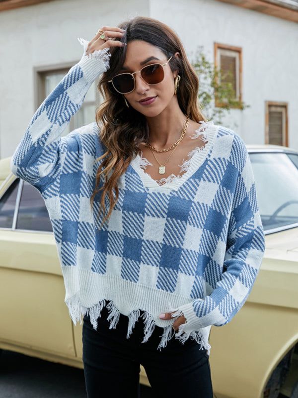 Distressed Checkered Sweater