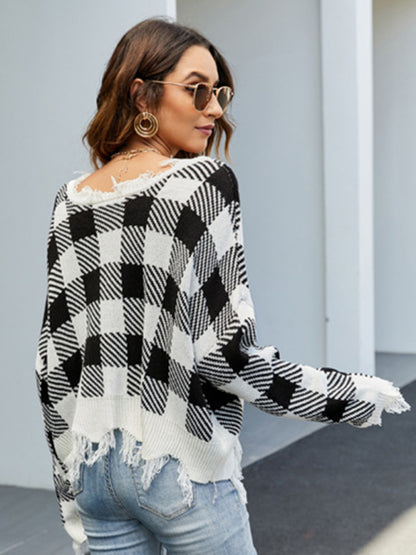 Distressed Checkered Sweater