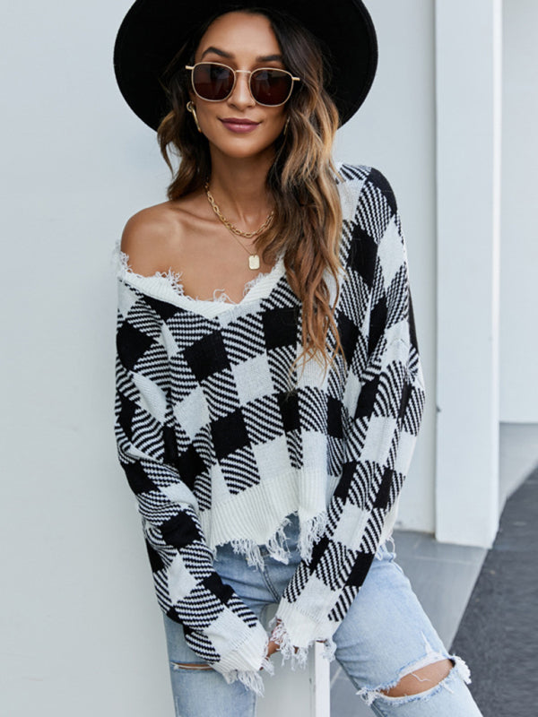 Distressed Checkered Sweater