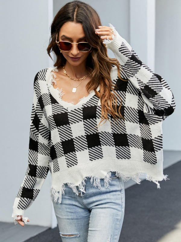 Distressed Checkered Sweater