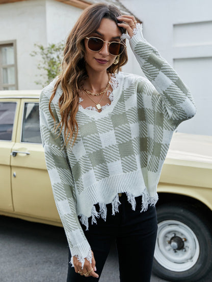 Distressed Checkered Sweater