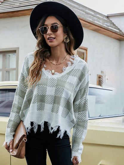 Distressed Checkered Sweater