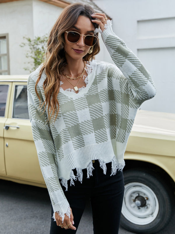 Distressed Checkered Sweater